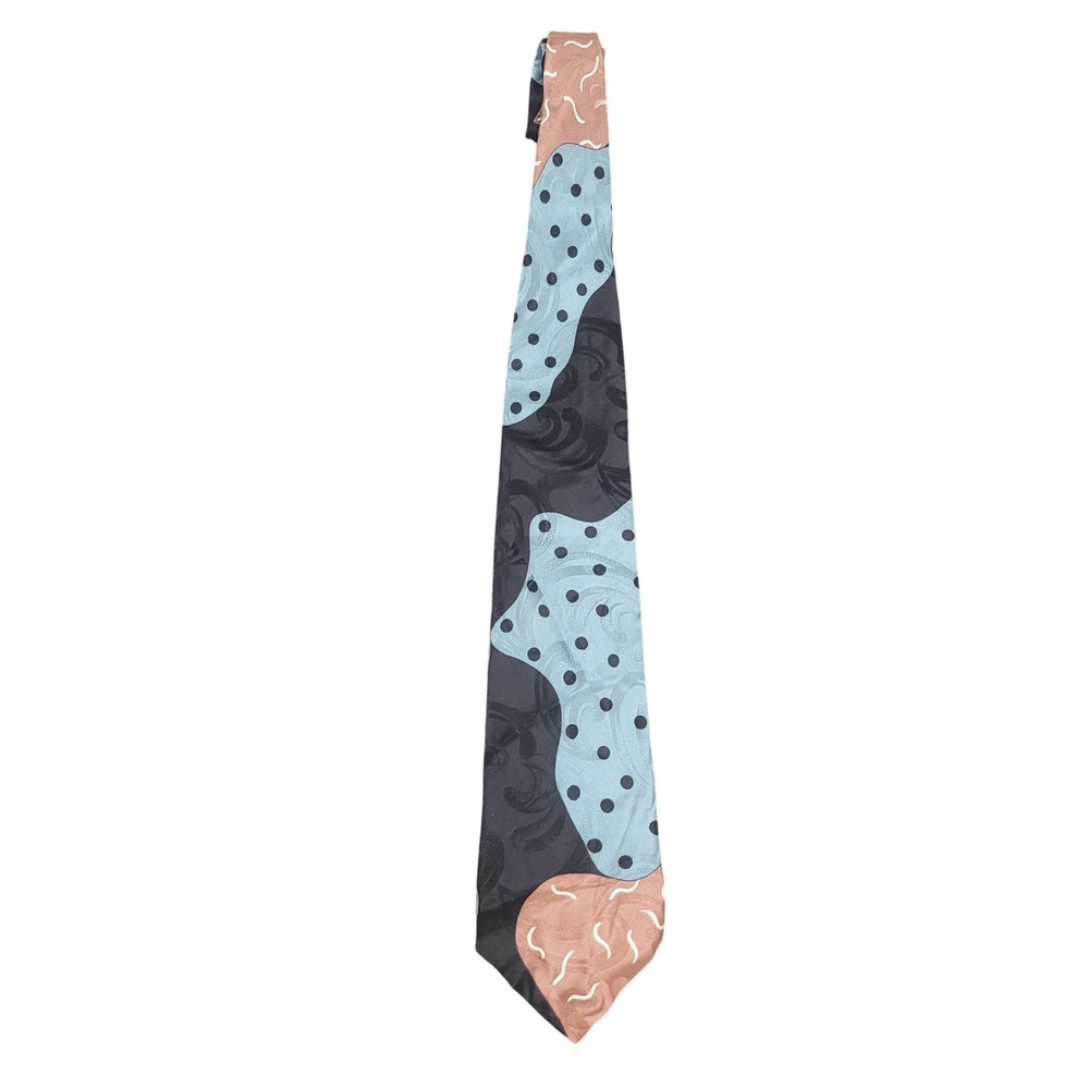Villa Bugatti OS Necktie Mens Black Blue Copper Abstract Polka Dot Italian Silk